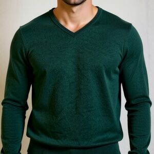 J Crew Sweater Mens Size Large Hunter Green 100% Merino V-Neck Slim Fit
